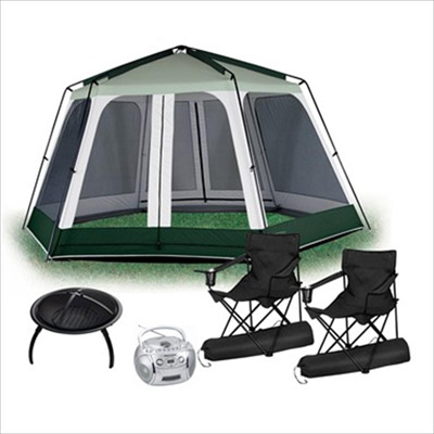 CHAR-BROIL® - Backyard Serenity Package - This outdoor package from  includes a 10’ x 10’ SmartShade™ Screenhouse, that sets up in minutes to provide screened protection from insects and rain, a portable fire bowl with carrying case - perfect for marshmallow roasting or just relaxing by the fire, 2 folding chairs and a portable CD player with AM/FM radio and cassette recorder.